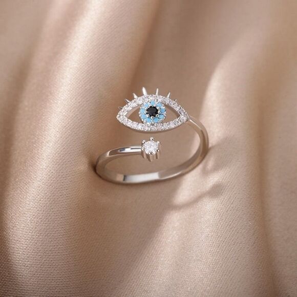 Lucky Evil Eye Adjustable Silver Ring - Picture 1 of 6